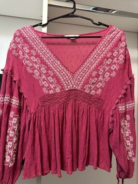 American Eagle Outfitters Pink Embroidered V-Neck Peasant Blouse